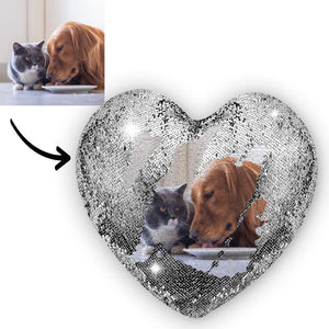 Benutzerdefiniertes Fotokissen mit Magischen Pailletten Liebe Herzform - Haustier