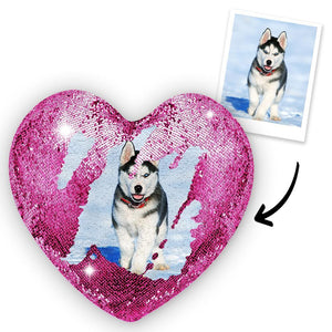 Benutzerdefiniertes Fotokissen mit Magischen Pailletten Liebe Herzform - Haustier