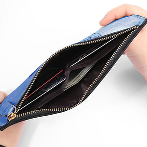 Damen Lange Stil Personalisiert Foto Graviert Reißverschluss Geldtasche - Blau Leder
