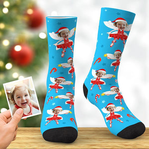 Benutzerdefinierte gedruckte Socken Bild Socken Weihnachtselfen Foto Geschenk Blau