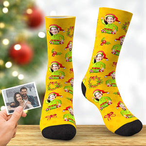 Benutzerdefiniertes Gesicht Weihnachtsgeschenk Elf Socken-Gelb