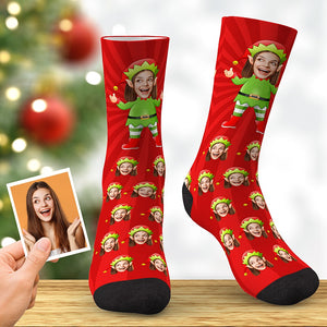 Custom Face Weihnachtsgeschenk Elf Socken - Rot