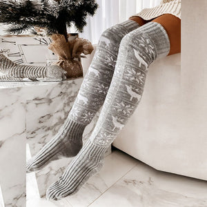 Weihnachtsschneeflocken Elch Langer Schlauch gestrickt über dem Knie Stapel Damen Socken