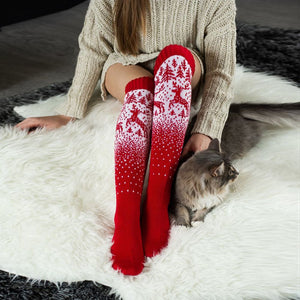 Damen Winter Beinwärmer Stricksocken Weihnachtselch rot lange Woll Overknee-Socken